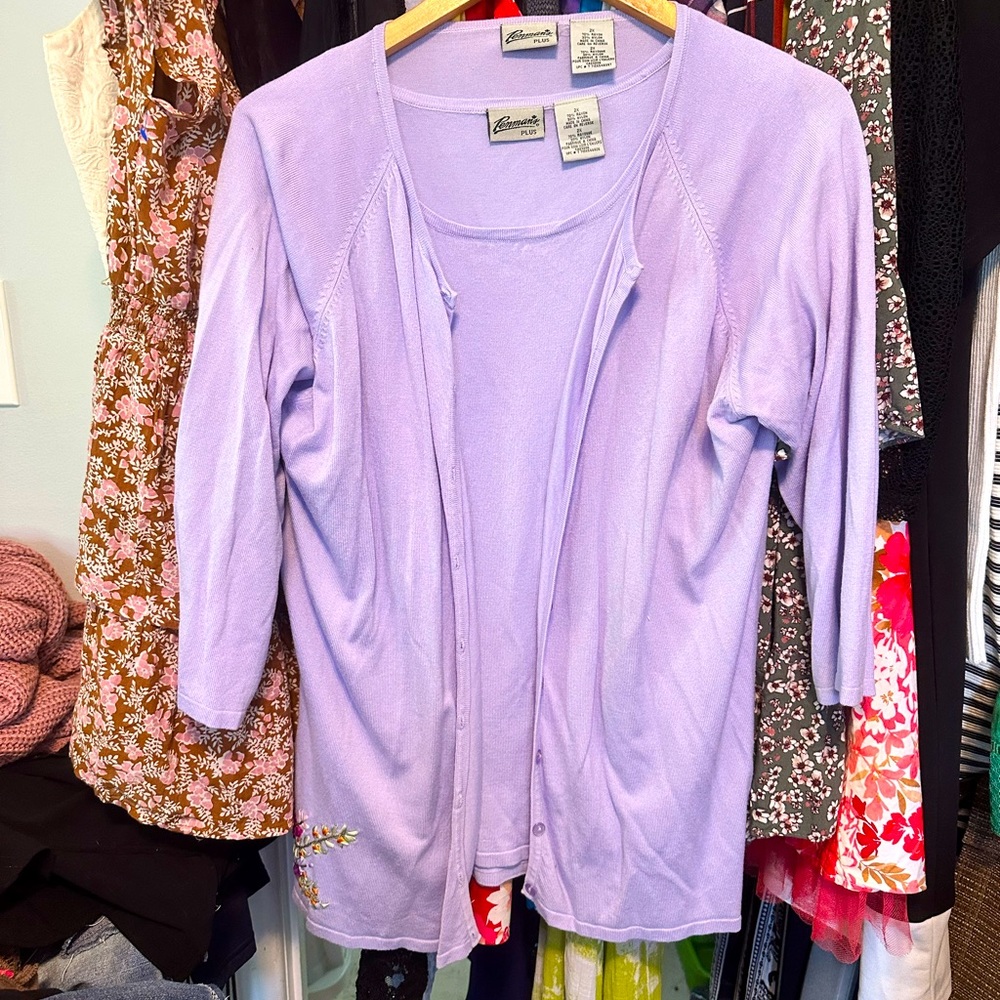 CLEAROUT Two Piece Tank & Cardigan Set with Floral Embellishments.
